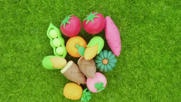 Vista Superior Varias Verduras Frutas Coloridas Miniatura Plástico Caucho Gira — Vídeo de stock
