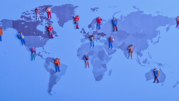Stop Beweging Van Backpacker Reizigers Bezoeken Verschillende Landen Wereldkaart Concept — Stockvideo