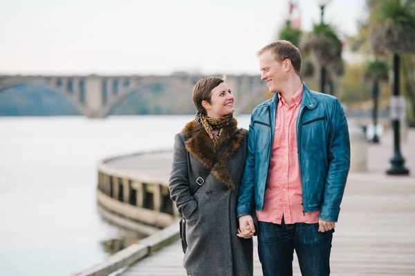 Happy Caucasian Couple Walking Hand Hand Boardwalk Georgetown Washington Alongside — Stock Photo, Image