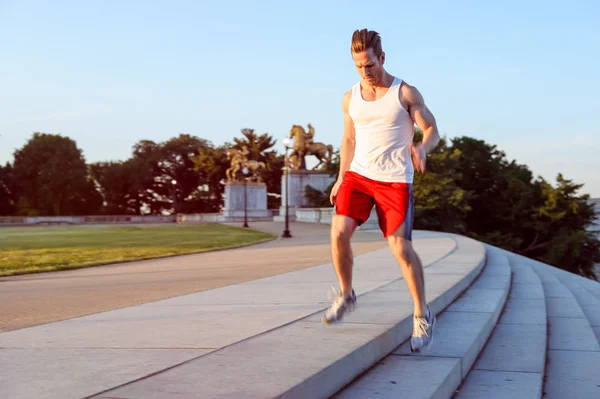 Fit Caucasian Man Running Steps Exercise Early Morning Washington — Stock Photo, Image