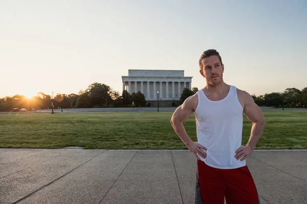 Handsome Caucasian Man Portrait While Resting Workout Outdoors National Mall — Stock Photo, Image