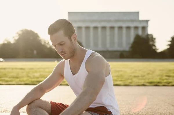 Handsome Caucasian Man Portrait While Resting Workout Outdoors National Mall Stok Fotoğraf