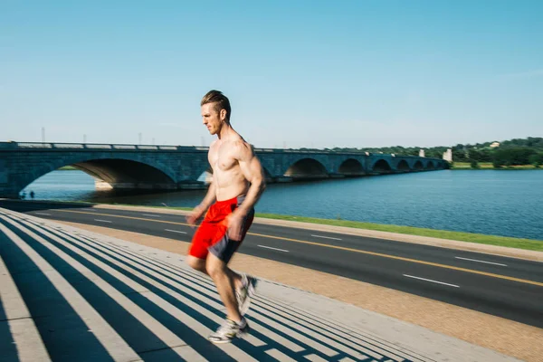 Fit Caucasian Man Running Steps Exercise Early Morning Washington Stock Photo