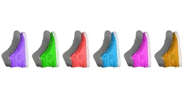 Группа разноцветных модных кроссовок изолирована на белом фоне. Концепция - выбор цвета при покупке, максимальная опция — стоковое фото