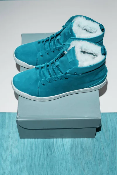蓝色青年保暖运动鞋在盒子里，是从网上商店送来的 — 图库照片