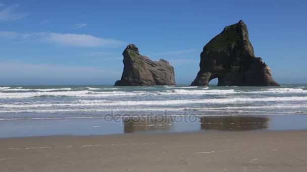 Spiaggia di Wharariki e Isole Arco — Video Stock