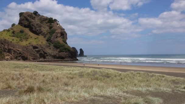 Aslan Kaya Üzerinde Piha Beach Yeni Zelanda — Stok video