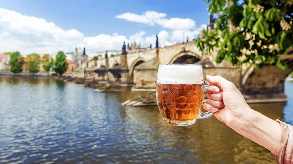 Hand mit einem Becher tschechischen Bieres vor dem Hintergrund von Saibling — Stockfoto