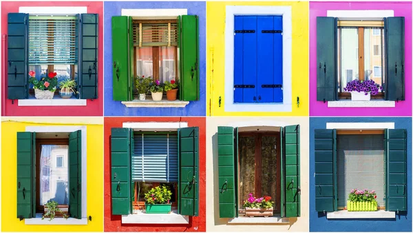 Koláž z windows z ostrova Burano. Benátky — Stock fotografie