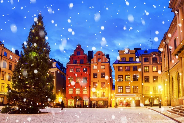 Praça Stortorget decorada à hora de Natal à noite, Stockhol — Fotografia de Stock