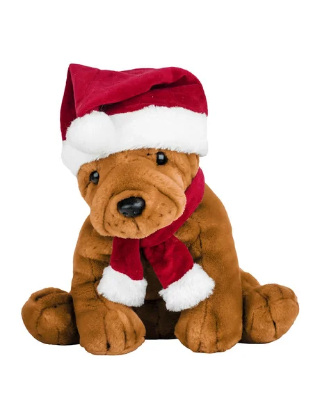 Toy dog in santa claus clothes — Stock Photo, Image