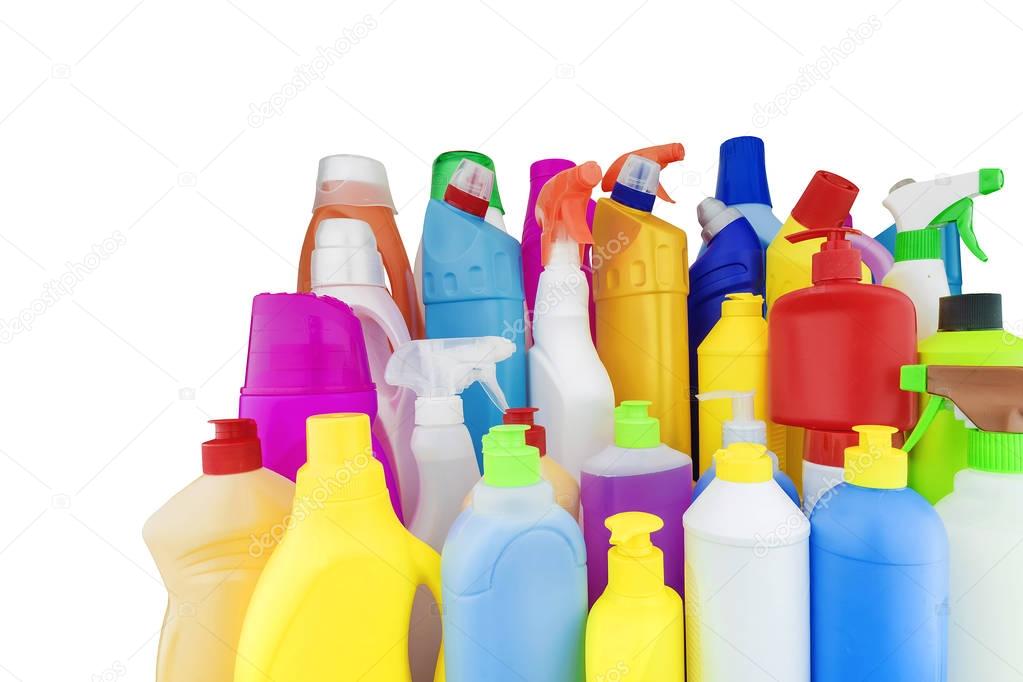 multicolored bottles with household chemicals