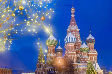 Moskova 'da Noel. St. Kızıl Meydan 'daki Basil Katedrali