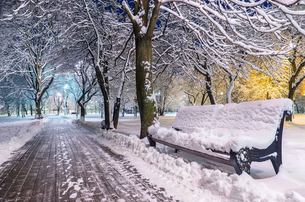 Pokryta śniegiem ławka w parku wieczornym — Zdjęcie stockowe