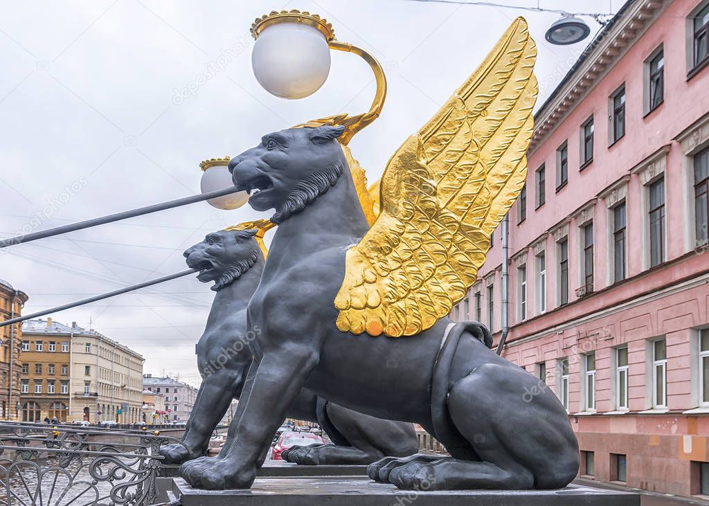 Lions on the Bank Bridge with St. Petersburg