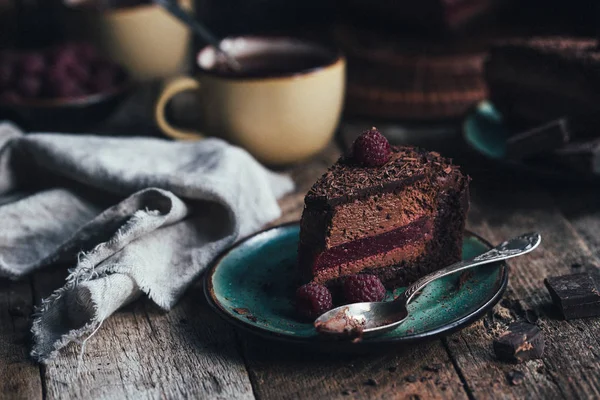 Dark Chocolate Cake Raspberries Selective Focus — Stock Photo, Image