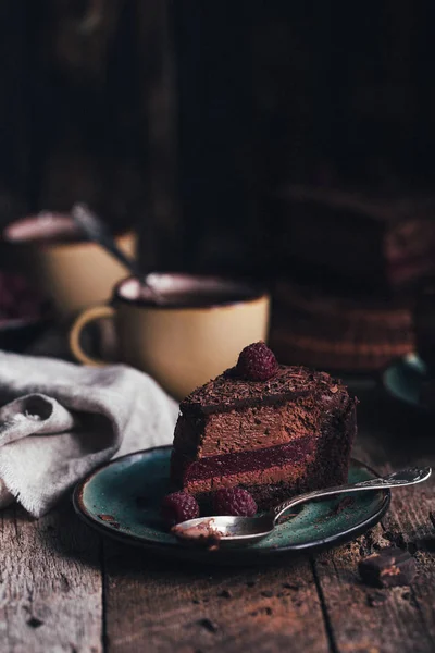 Dark Chocolate Cake Raspberries Selective Focus — Stock Photo, Image