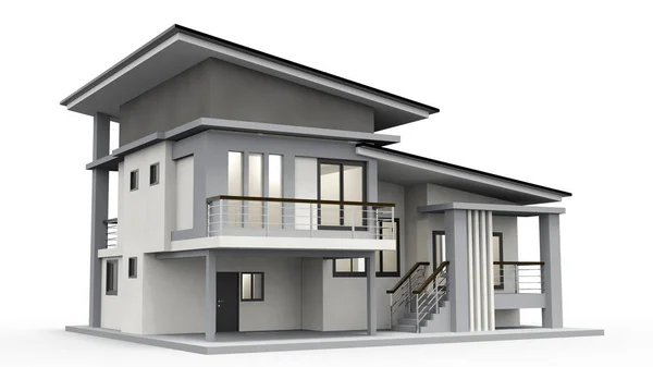 House 3d rendering of a luxurious villa contrasting with a technical draft part. — Stock Photo, Image