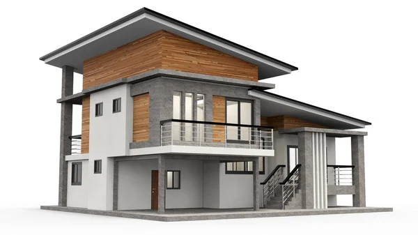Dom renderowania 3d z luksusowej willi, kontrastujące z częścią projektu technicznego. — Zdjęcie stockowe