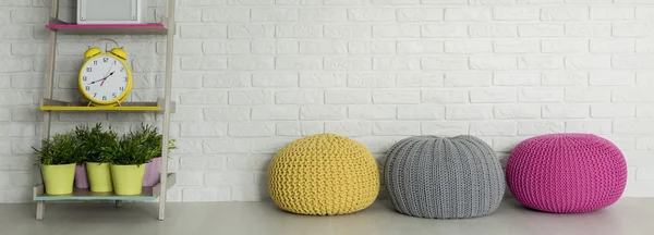 Renkli poufs ve bitkiler ile bir raf — Stok fotoğraf