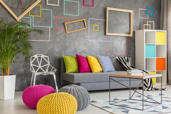 Living room with wool poufs — Stock Photo, Image