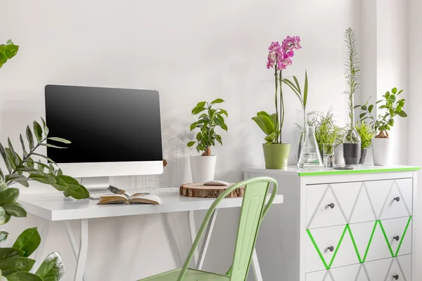 Oficina en casa con cómoda y flores — Foto de Stock