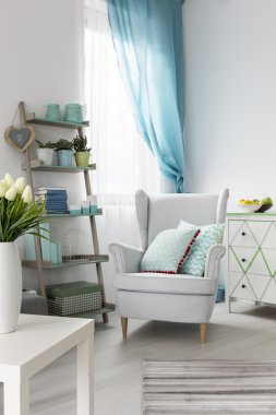 Rahat oturma odası iç koltuk ve şık raf ile