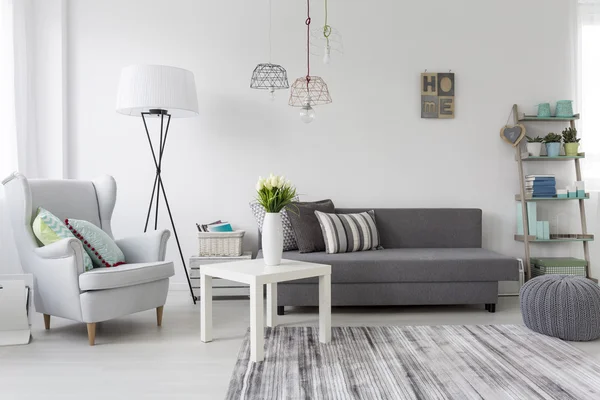 Gri bir koltuğa sahip modern oturma odası iç