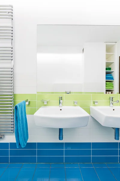 Niebieski i biały łazienka z dwoma umywalkami — Zdjęcie stockowe