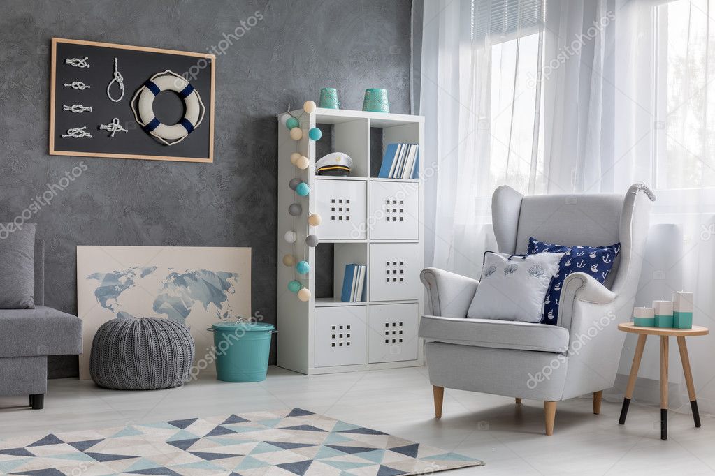 Woonkamer met nautische decor — Stockfoto © photographee.eu #128474172 Woonkamer met nautische decor — Stockfoto © photographee.eu #128474172