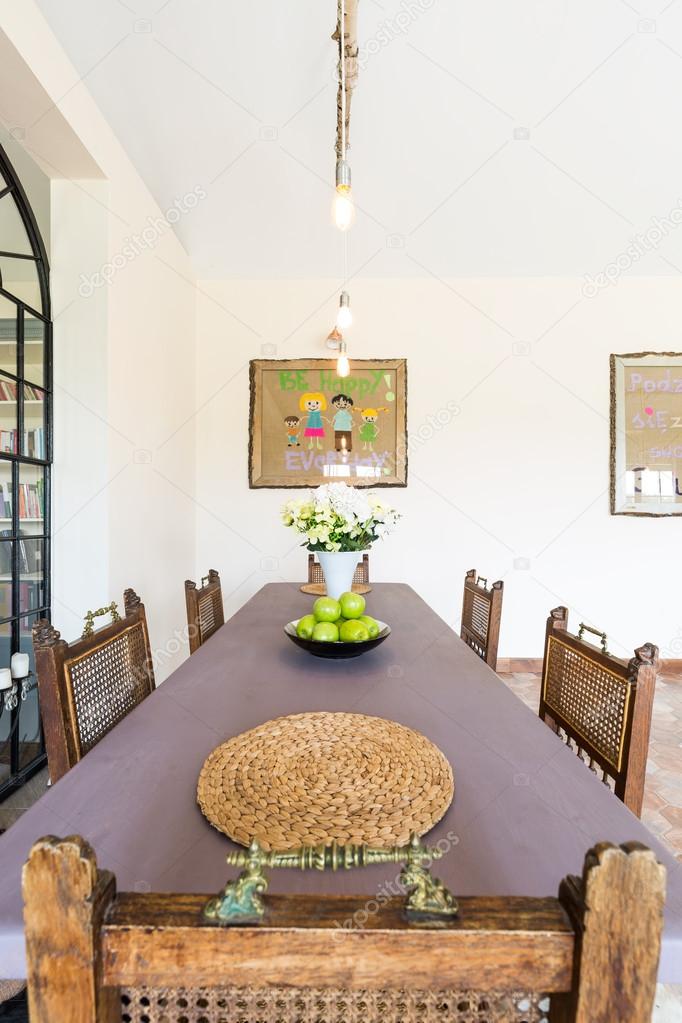 Wooden rustic table in dinning room