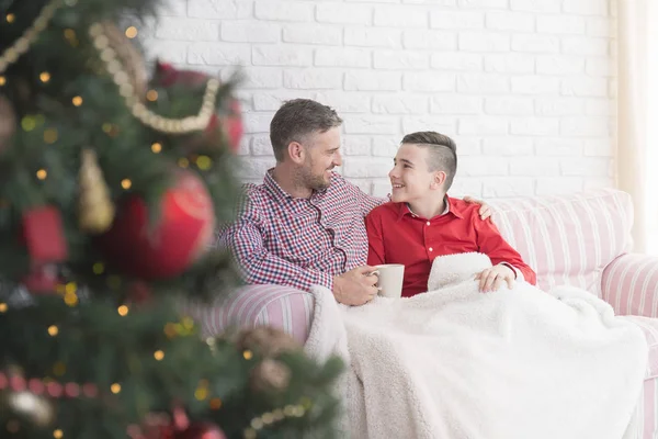 Julgran, far och son — Stockfoto