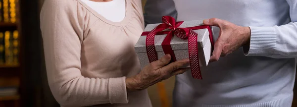 Pareja mayor sosteniendo regalo envuelto — Foto de Stock