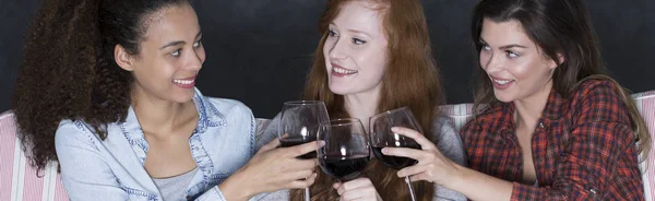 Amigos do sexo feminino beber vinho tinto — Fotografia de Stock