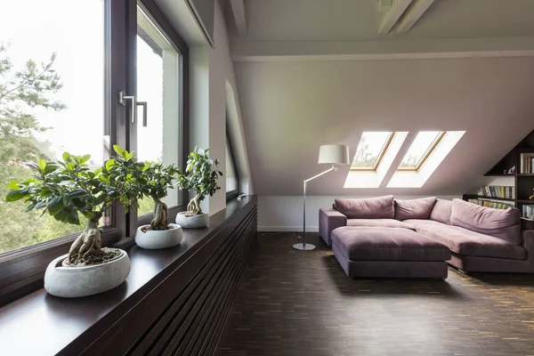 Wohnzimmer im Dachgeschoss mit Couch — Stockfoto