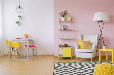 Pembe ve sarı oturma odası