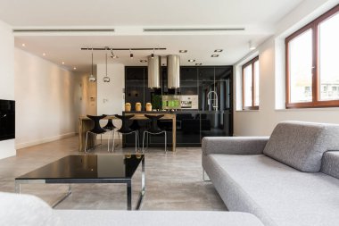 Minimalist oturma odası yemek odası ile