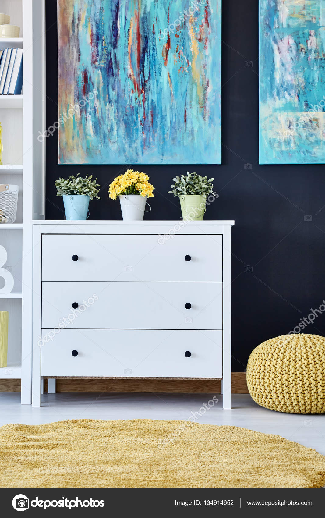Chest Of Drawers In Living Room Stock Photo Photographee Eu White Chest Of Drawers In Modern Living Room Decorated With Paintings Photo By Photographee Eu