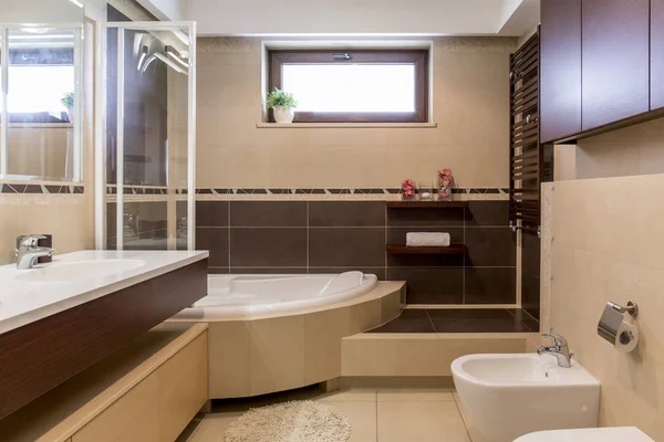 Modern banyo bej ve kahverengi — Stok fotoğraf