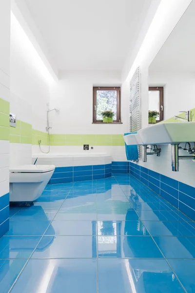 Cuarto de baño colorido con inodoro y lavabos — Foto de Stock