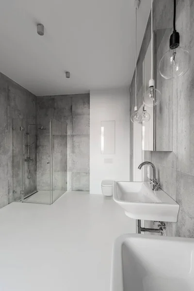 Grote moderne grijze badkamer — Stockfoto