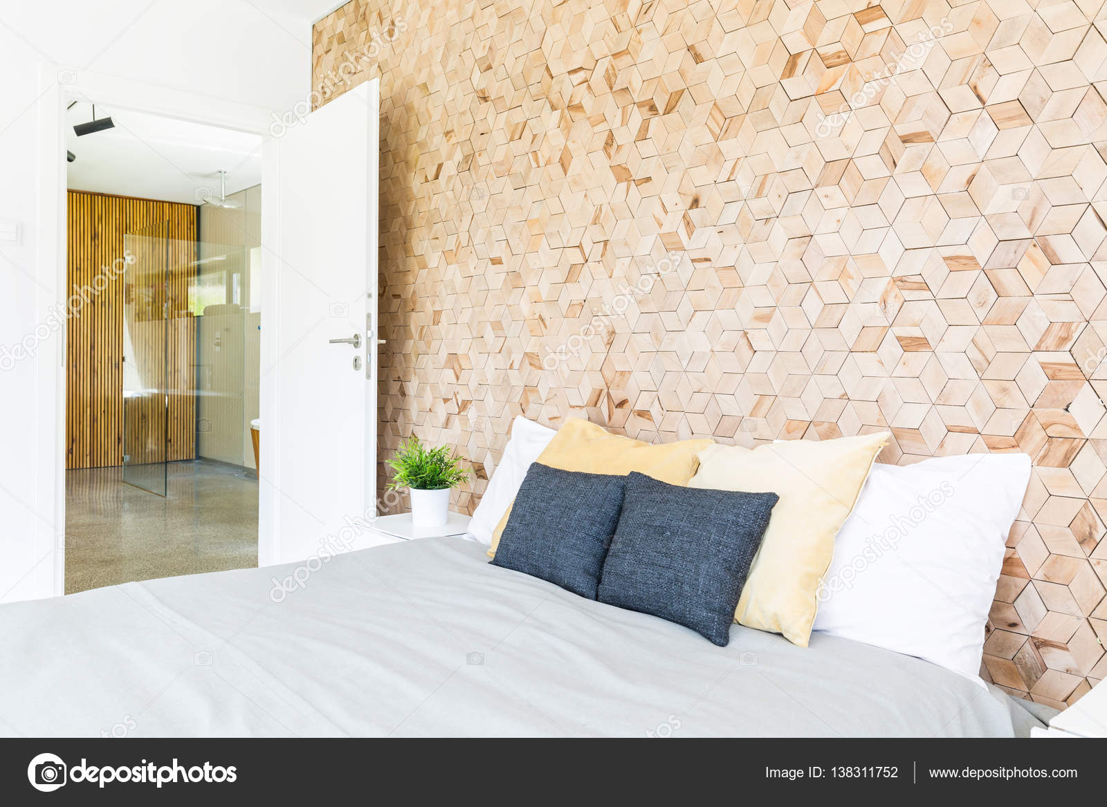 Bedroom with wooden mosaic wall — stock photo © photographee.eu ...