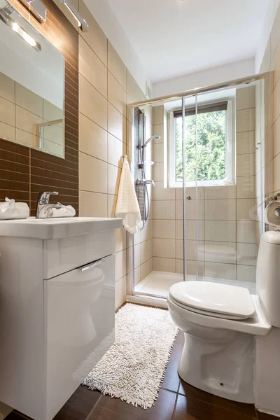 Petite salle de bain intérieure avec douche vitrée — Photo