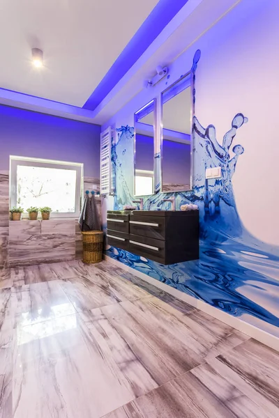 Water themed wallpaper in marble bathroom — Stock Photo, Image