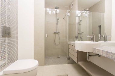 Modern, aydınlık banyo camlı showe