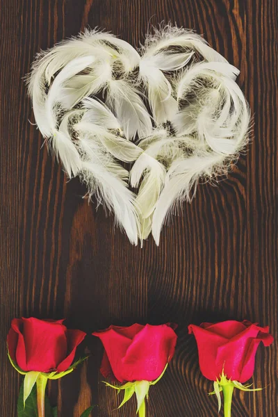 Λευκό φτερό καρδιά και τριαντάφυλλα — Φωτογραφία Αρχείου