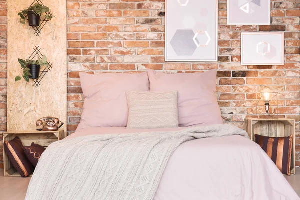 Loft bedroom with double bed — Stock Photo, Image