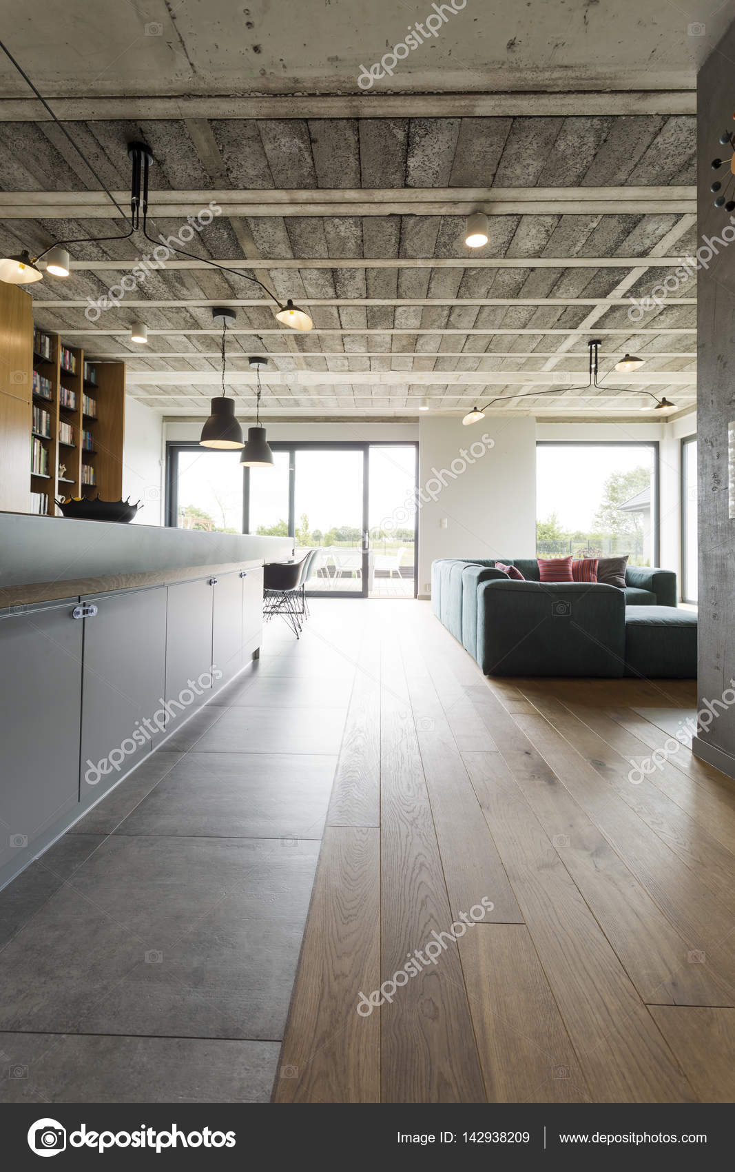 Living Room With Concrete Ceiling Stock Photo