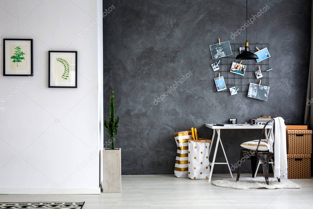 Home office with grey wall