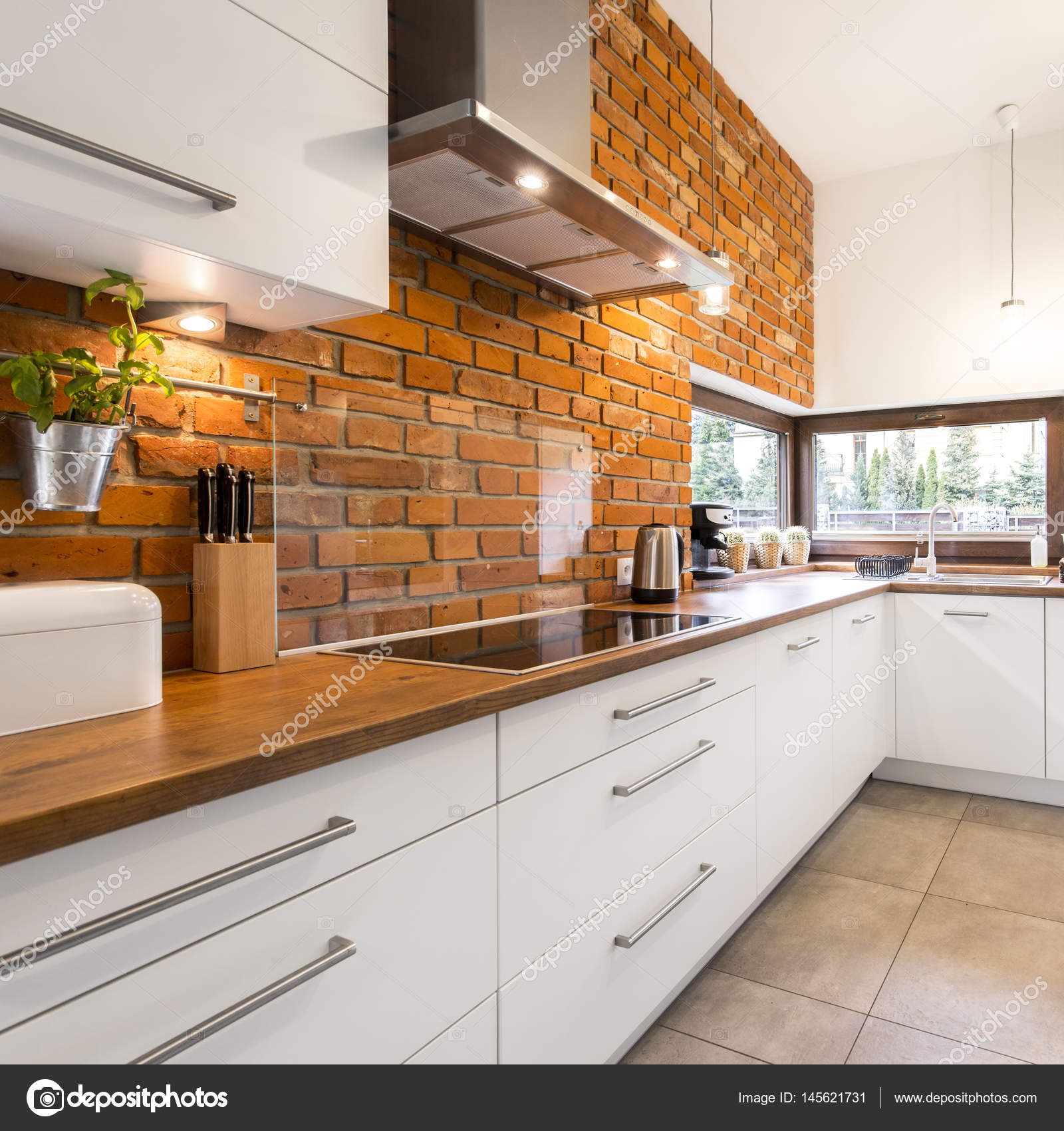 Brick Wall In Modern Kitchen Stock Photo C Photographee Eu